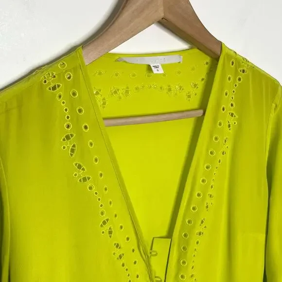 Veronica Beard Womens Long Sleeve Silk Blouse 0 Green Floral Embroidered V Neck - Picture 5 of 16